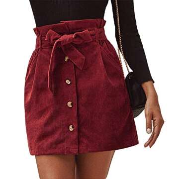 Susupeng Women Paperbag High Waist Elastic Belted Corduroy Button Front with Pockets Short Mini Skirt(Small, WineRed)