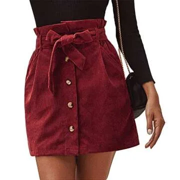 Susupeng Women Paperbag High Waist Elastic Belted Corduroy Button Front with Pockets Short Mini Skirt(Small, WineRed)