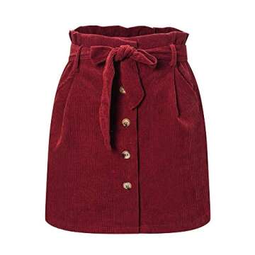 Susupeng Women Paperbag High Waist Elastic Belted Corduroy Button Front with Pockets Short Mini Skirt(Small, WineRed)