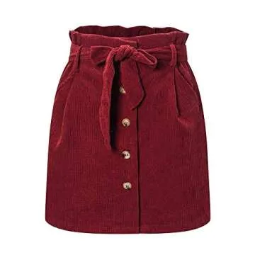Susupeng Women Paperbag High Waist Elastic Belted Corduroy Button Front with Pockets Short Mini Skirt(Small, WineRed)