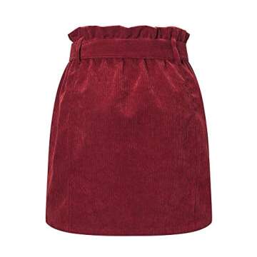 Susupeng Women Paperbag High Waist Elastic Belted Corduroy Button Front with Pockets Short Mini Skirt(Small, WineRed)