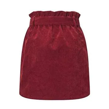 Susupeng Women Paperbag High Waist Elastic Belted Corduroy Button Front with Pockets Short Mini Skirt(Small, WineRed)