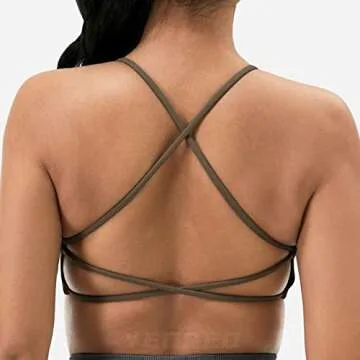 YEOREO Pearl Women's Sports Bra Strappy Criss Cross Back Bra Removable Padded Yoga Crop Top Coffee S