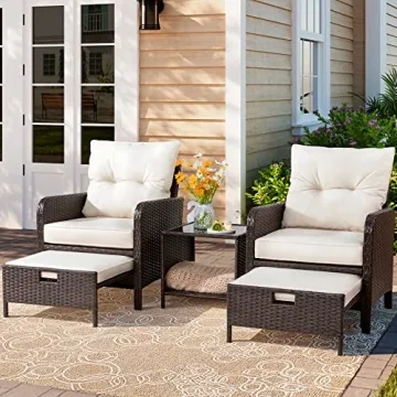 Vongrasig Wicker Patio Furniture Set - Cozy 5 Piece Outdoor Seating with Ottomans for Garden and Bac...