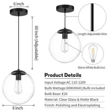 KoKo&Yukina Globe Pendant Lighting for Kitchen Island Mid Century Modern Hanging Light Fixture with Clear Globe Glass Black Industrial Hanging Ceiling Lights for Sink Bathroom Entryway
