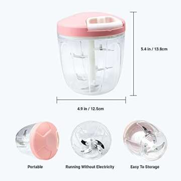 Manual Food Chopper Hand Pull Chopper Veggies Processor for Onions, Peppers, Carrots, Nuts, Kitchen Gadget by KAUKKO (500ml/2 Cup) (Pink-L)