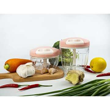 Manual Food Chopper Hand Pull Chopper Veggies Processor for Onions, Peppers, Carrots, Nuts, Kitchen Gadget by KAUKKO (500ml/2 Cup) (Pink-L)