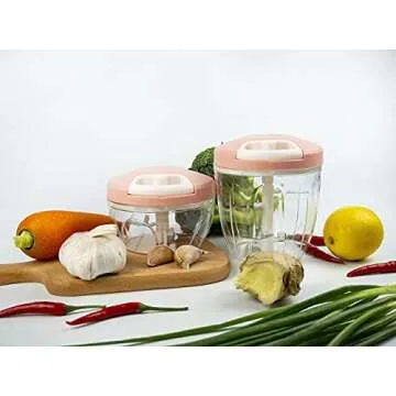Manual Food Chopper Hand Pull Chopper Veggies Processor for Onions, Peppers, Carrots, Nuts, Kitchen Gadget by KAUKKO (500ml/2 Cup) (Pink-L)