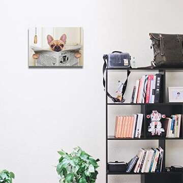 Ale-art Bathroom Wall Art -French Bulldog Sitting on Toilet and Reading Contemporary Canvas Artwork for Wall Decor 16'' X 20''