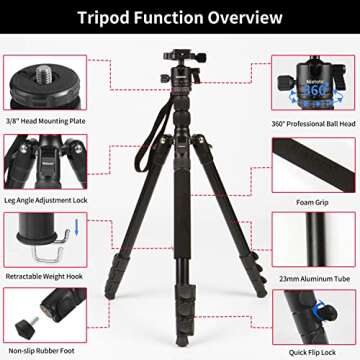 Tripod for Camera • 68" Camera Tripod & Monopod with 360° Ball Head • Lightweight Aluminum Travel Tripod with Bag • Extra 1/4" QR Plate and Phone Holder • Compatible with Canon Nikon Sony and iPhone