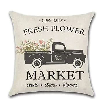 Farmhouse Floral Throw Pillow Covers - Set of 4 Vintage Truck Bicycle Flower Home Decorations Spring Market Cases Housewarming Gifts 18x18 Inches by UooMay