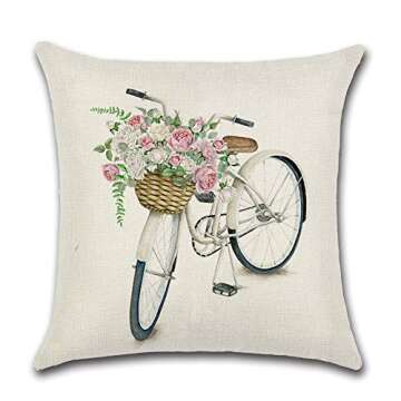 Farmhouse Floral Throw Pillow Covers - Set of 4 Vintage Truck Bicycle Flower Home Decorations Spring Market Cases Housewarming Gifts 18x18 Inches by UooMay