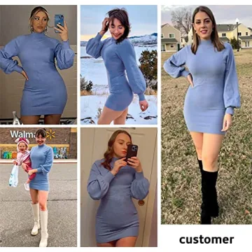 EXLURA Women's Mock Neck Ribbed Long Sleeve Sweater Dress