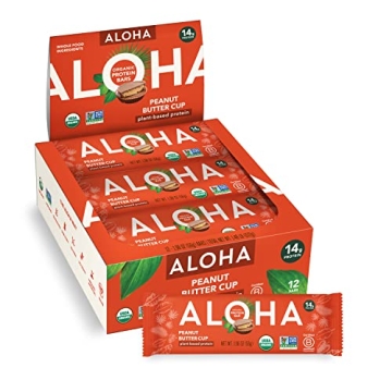 ALOHA Organic Plant Based Protein Bars - Peanut Butter Cup - Vegan, Low Sugar & Gluten-Free - 12 Bar...