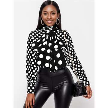 AOMEI Women's Bow Tied Neck Ruffle Trim Button Up Long Sleeve Workwear Shirts Blouse Black Polka Dot (Medium,Black)