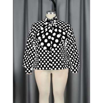 AOMEI Women's Bow Tied Neck Ruffle Trim Button Up Long Sleeve Workwear Shirts Blouse Black Polka Dot (Medium,Black)