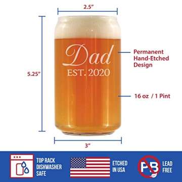 Dad Est 2020 - New Father Beer Can Pint Glass Gift for First Time Parents - Decorative 16 Oz Glasses