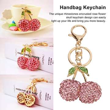 Pssopp Rhinestone Keychain Cherry Key Ring Rhinestones Stylish Pendant Cute Fashion Hanging Pendants for Car Purse Backpack