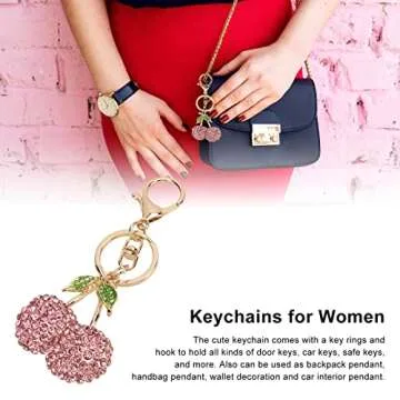 Pssopp Rhinestone Keychain Cherry Key Ring Rhinestones Stylish Pendant Cute Fashion Hanging Pendants for Car Purse Backpack