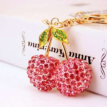 Pssopp Rhinestone Keychain Cherry Key Ring Rhinestones Stylish Pendant Cute Fashion Hanging Pendants for Car Purse Backpack