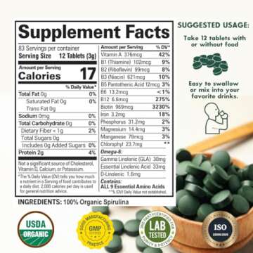 Sunlit Best - USDA Organic Spirulina Tablet - Natural Super Greens Supplements for Immune Support, G...