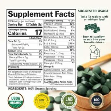 Sunlit Best - USDA Organic Spirulina Tablet - Natural Super Greens Supplements for Immune Support, G...