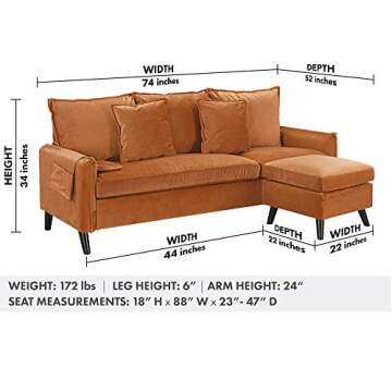Divano Roma Furniture Classic Sectional, Rust