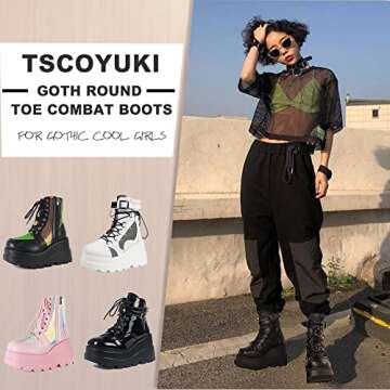 Tscoyuki Platform Ankle Boots for Women Chunky High Heel Booties Goth Round Toe Combat Boots Women Lace Up Motorcycle Wedges