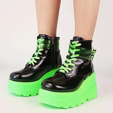 Tscoyuki Platform Ankle Boots for Women Chunky High Heel Booties Goth Round Toe Combat Boots Women Lace Up Motorcycle Wedges