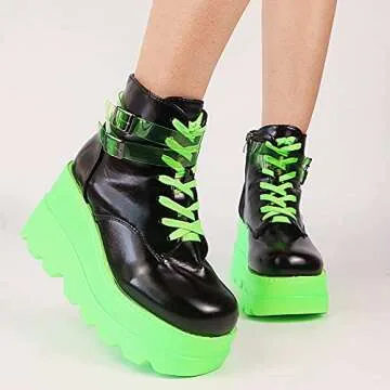 Tscoyuki Platform Ankle Boots for Women Chunky High Heel Booties Goth Round Toe Combat Boots Women Lace Up Motorcycle Wedges