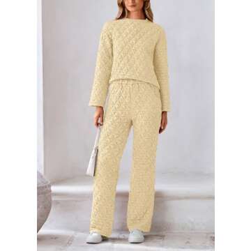 PRETTYGARDEN Women's 2 Piece Outfits Fall Fashion Clothes Quilted Long Sleeve Tops Wide Leg Pants Matching Lounge Sets (Beige,X-Large)
