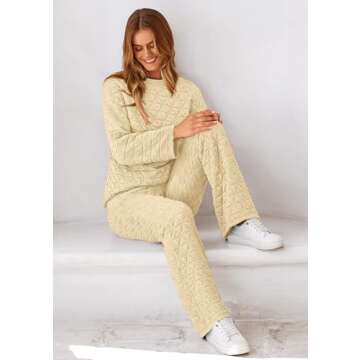PRETTYGARDEN Women's 2 Piece Outfits Fall Fashion Clothes Quilted Long Sleeve Tops Wide Leg Pants Matching Lounge Sets (Beige,X-Large)