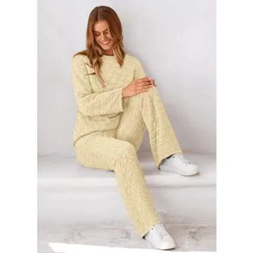 PRETTYGARDEN Women's 2 Piece Outfits Fall Fashion Clothes Quilted Long Sleeve Tops Wide Leg Pants Matching Lounge Sets (Beige,X-Large)