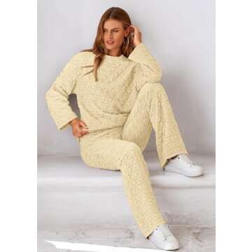 PRETTYGARDEN Women's 2 Piece Outfits Fall Fashion Clothes Quilted Long Sleeve Tops Wide Leg Pants Matching Lounge Sets (Beige,X-Large)