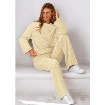 PRETTYGARDEN Women's 2 Piece Outfits Fall Fashion Clothes Quilted Long Sleeve Tops Wide Leg Pants Matching Lounge Sets (Beige,X-Large)