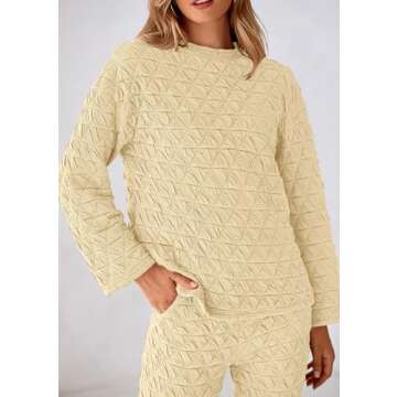 PRETTYGARDEN Women's 2 Piece Outfits Fall Fashion Clothes Quilted Long Sleeve Tops Wide Leg Pants Matching Lounge Sets (Beige,X-Large)