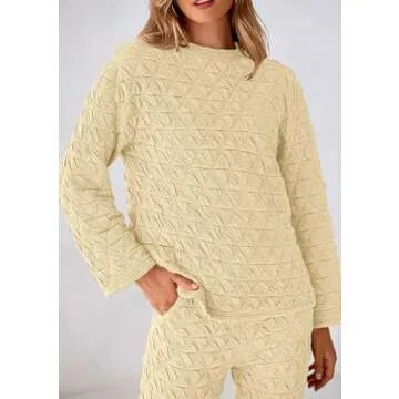 PRETTYGARDEN Women's 2 Piece Outfits Fall Fashion Clothes Quilted Long Sleeve Tops Wide Leg Pants Matching Lounge Sets (Beige,X-Large)