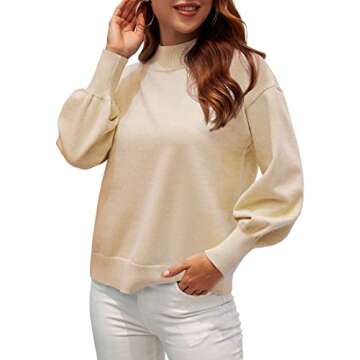 WEACZZY Sweaters for Women 2025 Cute Lantern Sleeve Mock Turtleneck Lightweight Pullover Knitted Fall Fashion Tops Apricot M