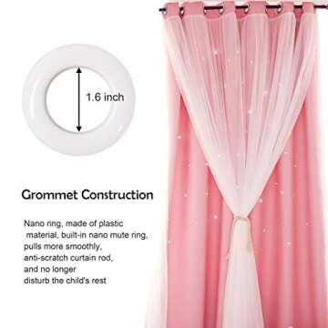 UNISTAR 2 Panels Stars Blackout Curtains for Bedroom Girls Kids Baby Window Decoration Double Layer Star Cut Out Aesthetic Living Room Decor Wall Home Curtain,W52 x L95 Inches,Pink