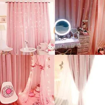 UNISTAR 2 Panels Stars Blackout Curtains for Bedroom Girls Kids Baby Window Decoration Double Layer Star Cut Out Aesthetic Living Room Decor Wall Home Curtain,W52 x L95 Inches,Pink