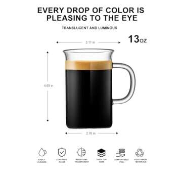 LUXU Glass Coffee Tea Cups(Set of 4)-13 oz,Clear Glass Mugs,Tall Drinking Glasses for Cappuccino,Lat...