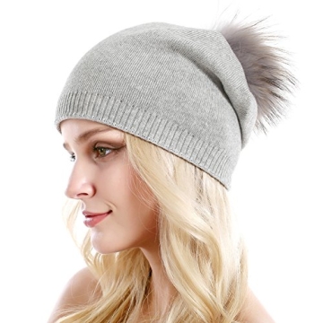 Warm Cashmere Blend Beanie with Removable Raccoon Pom Pom