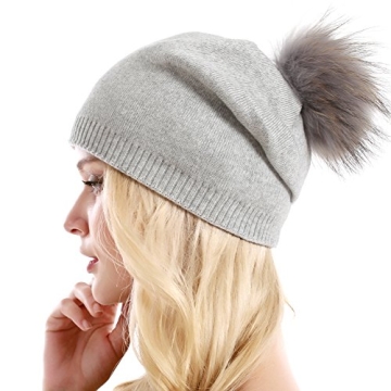 Warm Cashmere Blend Beanie with Removable Raccoon Pom Pom