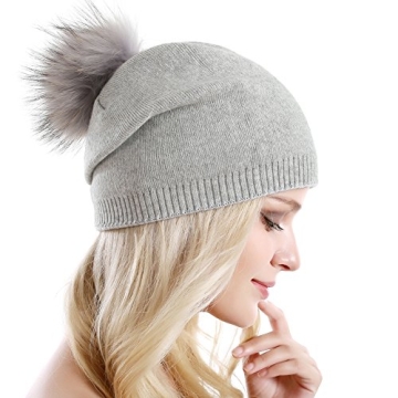 Warm Cashmere Blend Beanie with Removable Raccoon Pom Pom