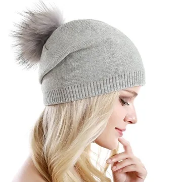 Warm Cashmere Blend Beanie with Removable Raccoon Pom Pom