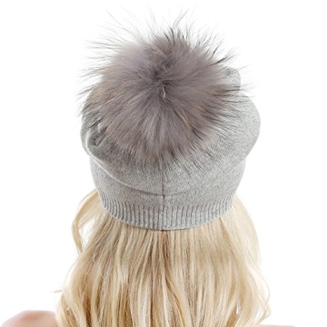 Warm Cashmere Blend Beanie with Removable Raccoon Pom Pom