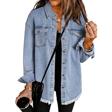 Vetinee Women's Jackets, Oversized Boyfriend Thousand Oceans Blue Front Button Up Frayed Raw Hem Long Sleeve Pockets Denim Jean Shacket X-Large Size 16 Size 18