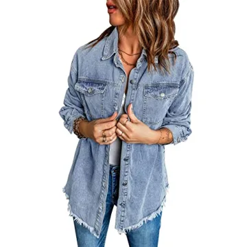 Vetinee Women's Jackets, Oversized Boyfriend Thousand Oceans Blue Front Button Up Frayed Raw Hem Long Sleeve Pockets Denim Jean Shacket X-Large Size 16 Size 18