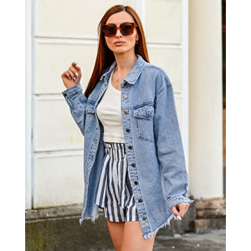 Vetinee Women's Jackets, Oversized Boyfriend Thousand Oceans Blue Front Button Up Frayed Raw Hem Long Sleeve Pockets Denim Jean Shacket X-Large Size 16 Size 18