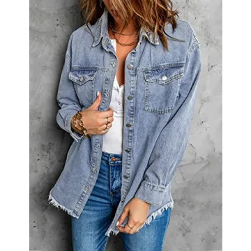 Vetinee Women's Jackets, Oversized Boyfriend Thousand Oceans Blue Front Button Up Frayed Raw Hem Long Sleeve Pockets Denim Jean Shacket X-Large Size 16 Size 18